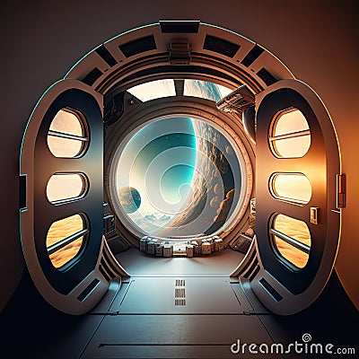 Fantastic view of space from opened spaceship gateway door, porthole, illuminator. Interstellar spacecraft flying under Stock Photo