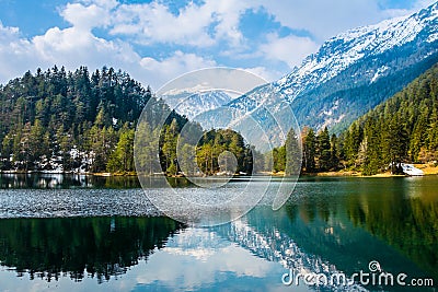Fantastic views of the tranquil lake with amazing reflection. Stock Photo