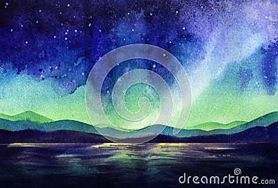 Fantastic watercolor landscape of polar night at mountains. Blue and green starry sky, gradient layers of mountain ranges and dark Cartoon Illustration