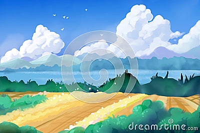 Fantastic Watercolor Style Painting: Beautiful Countryside Stock Photo