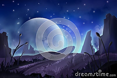 Fantastic Watercolor Style Painting: Moon Mountain Stock Photo
