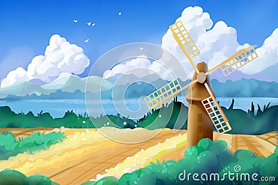 Fantastic Watercolor Style Painting: Wheat Fields and Windmill Stock Photo