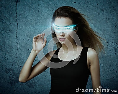 Fantastic Woman Using Virtual Glasses Stock Photo