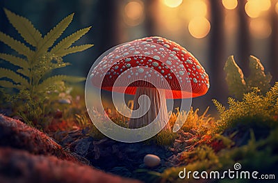 Fantastic wonderland forest landscape with mushrooms, ferns. Generative AI Stock Photo