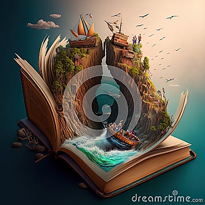 Fantastic worlds in open storybook pages. Concept art of dream travels and adventure stories. Storytelling concept. Ai generated Stock Photo