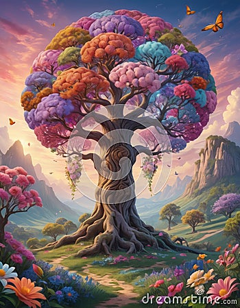 Fantastical Colorful Brain Tree Cartoon Illustration