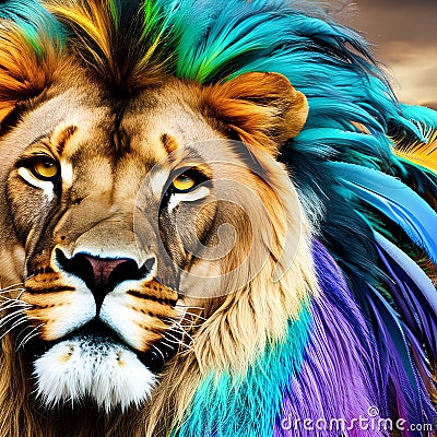 A fantastical combination of a lion and a peacock, with a mane of vibrant feathers in a mesmerizing display3, Generative AI Stock Photo