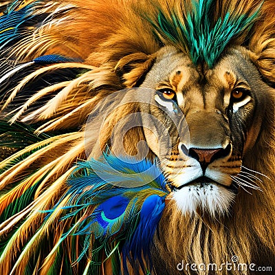 A fantastical combination of a lion and a peacock, with a mane of vibrant feathers in a mesmerizing display2, Generative AI Stock Photo