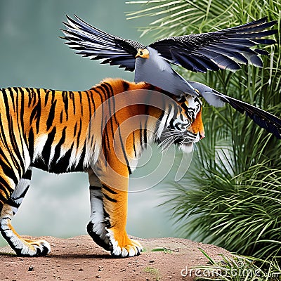 A fantastical combination of a tiger and a bird, with striped fur and majestic wings, prowling through a surreal landscape3, Gen Stock Photo