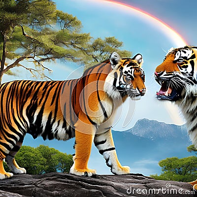 A fantastical combination of a tiger and a bird, with striped fur and majestic wings, roaming through a surreal landscape4, Gene Stock Photo