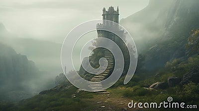 Fantastical Fantasy Castles. Dark castle in the valley, dark atmosphere of hell Stock Photo