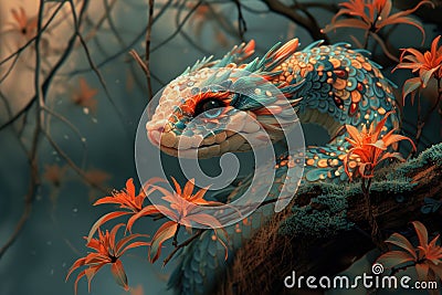 Fantastical illustration of a colorful snake on branch with flowers, for the 2025 year of the snake calendar. Cartoon Illustration