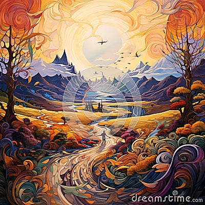 Fantastical landscape with traveler on The Inked Path: Journeying with Quills in Hand Stock Photo