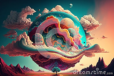 Fantastical planet with swirling clouds and colorful landscapes Cartoon Illustration