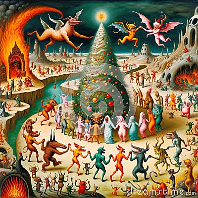 Fantastical scene reminiscent of Hieronymus Bosch's work, a playful and macabre dance around Christmas tree Stock Photo