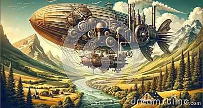 Steampunk Airship Flying Over a Mountainous Landscape Stock Photo