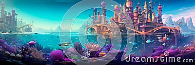 fantastical underwater city with dynamic of underwater life and structures, painted in vibrant and surreal colors. Stock Photo