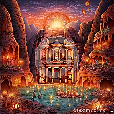 Fantastical version of Petra with shimmering gold, ethereal floating structures, and mythical creatures Stock Photo