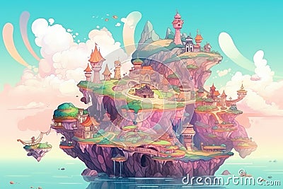 A fantastical world with islands, mythical creatures, and magical landscapes background Generative AI Stock Photo