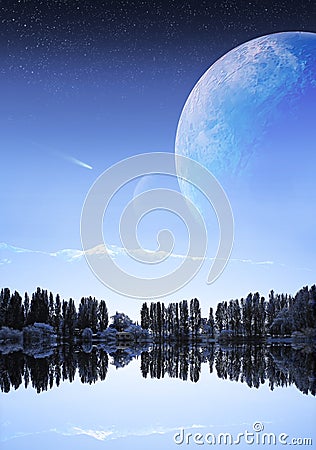 Fantastic night landscape with planets Stock Photo