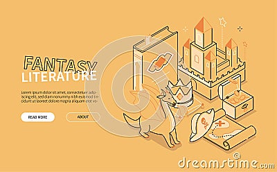 Fantasy adventure - line design style isometric web banner Vector Illustration