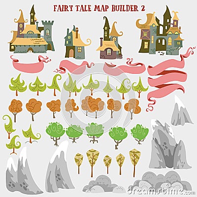 Fairy tale fantasy map builder set of Everwinter Realm and City states in colorfule vector illustrations Cartoon Illustration