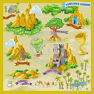 Fantasy adventure map for cartography with colorful doodle hand draw illustration in desert land Cartoon Illustration
