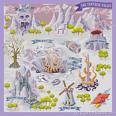 Fantasy adventure map for cartography with colorful doodle hand draw illustration of Tentacle Valley Cartoon Illustration