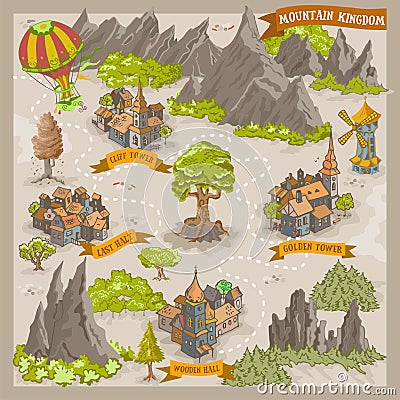 Fantasy adventure map for cartography with colorful doodle hand draw vector illustration of Mountain Kingdom Cartoon Illustration