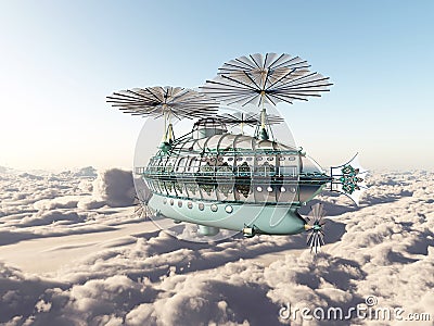 Fantasy airship above the clouds Cartoon Illustration