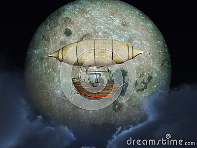 Fantasy airship in front of the moon Cartoon Illustration