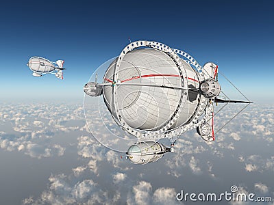 Fantasy airships above the clouds Cartoon Illustration