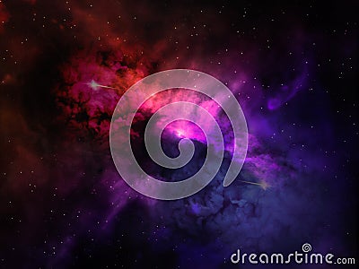 Fantasy alien galaxy with purple red and blue violet glowing clouds and stars. Stock Photo