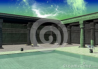 Alien night temple illuminated by the light of stars. Stock Photo