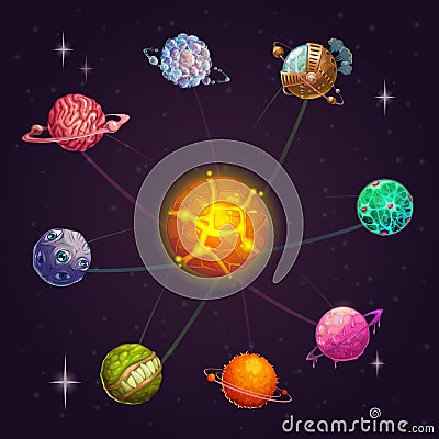 Fantasy alien solar system with star and unusual planets. Vector space illustration. Vector Illustration