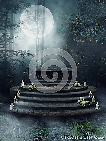 Fantasy altar with candles and skulls Stock Photo