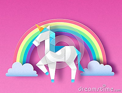 Fantasy animal horse unicorn with rainbow. Cut out paper art style design. Origami Vector Illustration