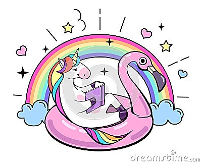 Fantasy animal unicorn on flamingo inflatable circle. Vector Illustration