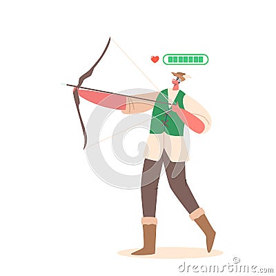 Fantasy Archer Wearing Virtual Reality Glasses And Costume Of Robin Hood Shooting With Bow. Male Character Playing Vector Illustration