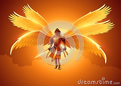 Archangel with six wings holding a sword Vector Illustration