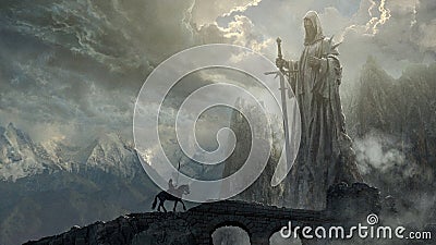 Fantasy art landscape with giant statue and rider - digital illustration Cartoon Illustration