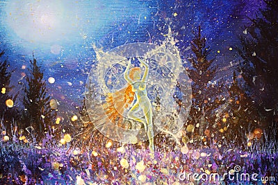 Fantasy art magic artwork acrylic painting glowing night fairy girl butterfly Cartoon Illustration