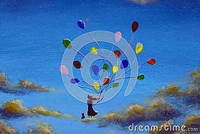 Fantasy art romantic painting girl with balloons and cat on clouds in sky illustration Cartoon Illustration