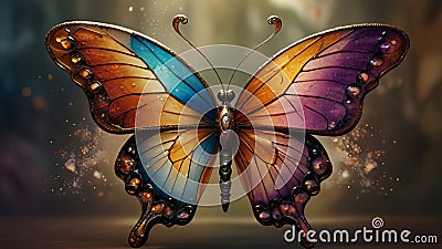 Fantasy Artwork of a Mesmerizing, Translucent Butterfly in Stained Glass Style, Set Against a Soft Out of Focus Background Stock Photo