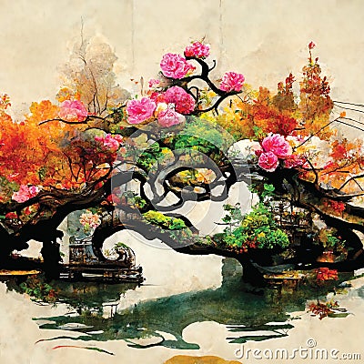 Fantasy artwork of oriental autumn garden with beautiful colorful trees and a lake Stock Photo