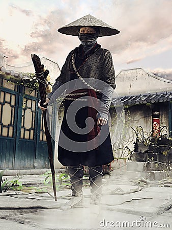 Fantasy Asian monk with a staff Stock Photo