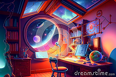 Fantasy astronomer workplace, ai illustration Cartoon Illustration