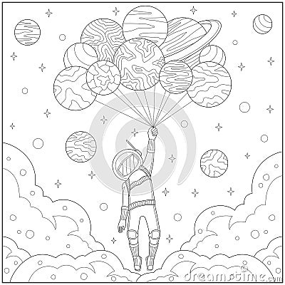 Fantasy astronout flying in the sky with planet balloon. Learning and education coloring page Vector Illustration