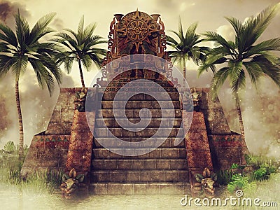 Aztec temple in a foggy landscape Stock Photo