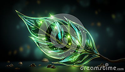 Fantasy background with luminous green leaf and smoke. AI generated Stock Photo